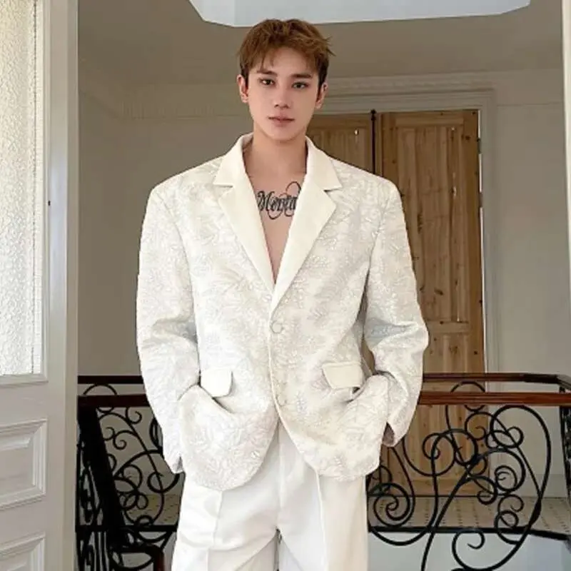 IEFB Male Blazer Doublelayer Threedimensional Relief Embroidered Lapel Deisgn Solid Color Single Breasted Suit Jacket 9W1487