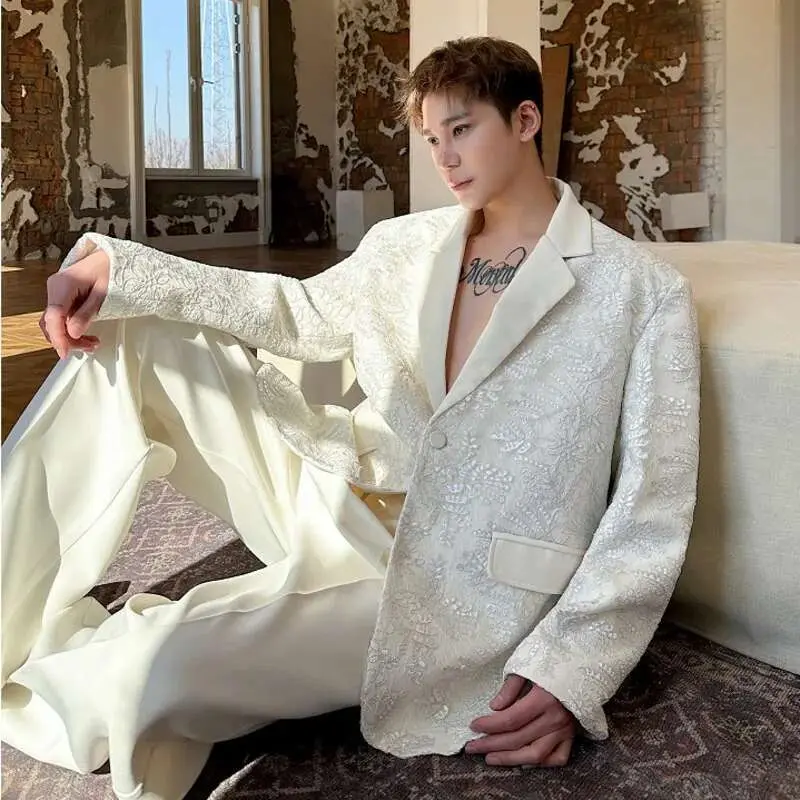 IEFB Male Blazer Doublelayer Threedimensional Relief Embroidered Lapel Deisgn Solid Color Single Breasted Suit Jacket 9W1487