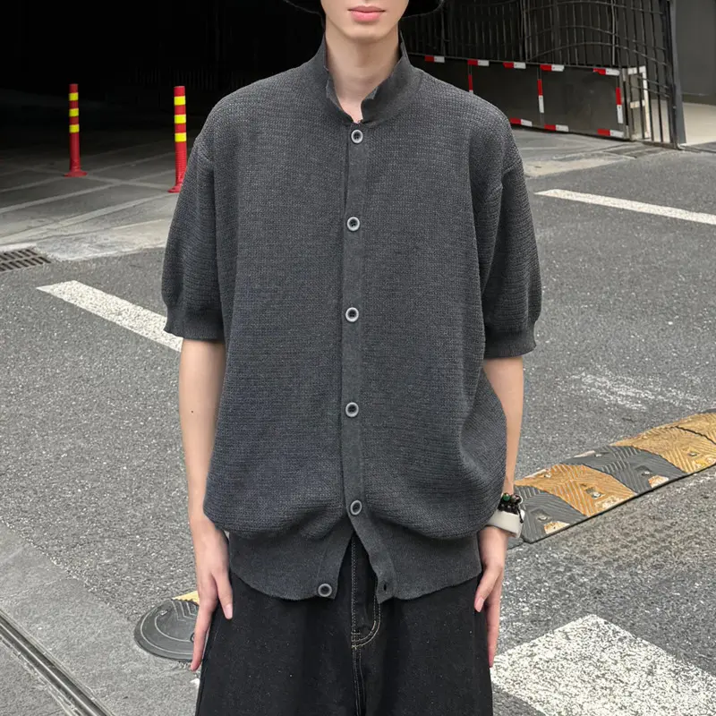 IEFB New Summer Men's Sweater Turn-down Collar Solid Color Short Sleeved Tops Single Breasted Knitted Loose Male Cardigan 9W3920