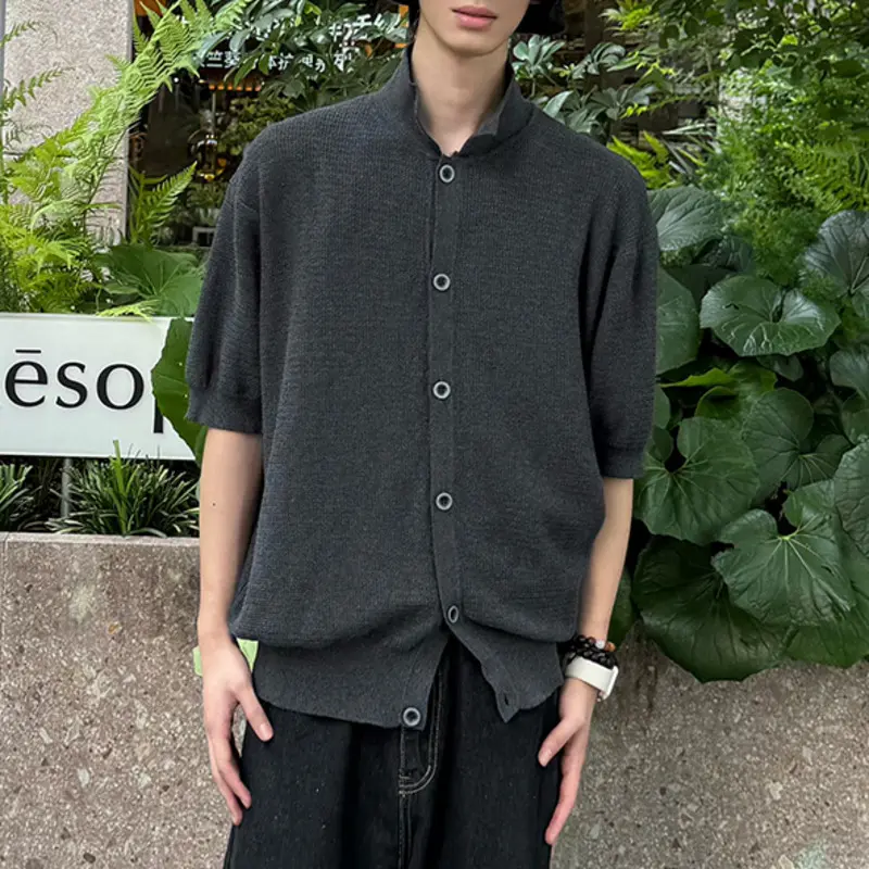 IEFB New Summer Men's Sweater Turn-down Collar Solid Color Short Sleeved Tops Single Breasted Knitted Loose Male Cardigan 9W3920