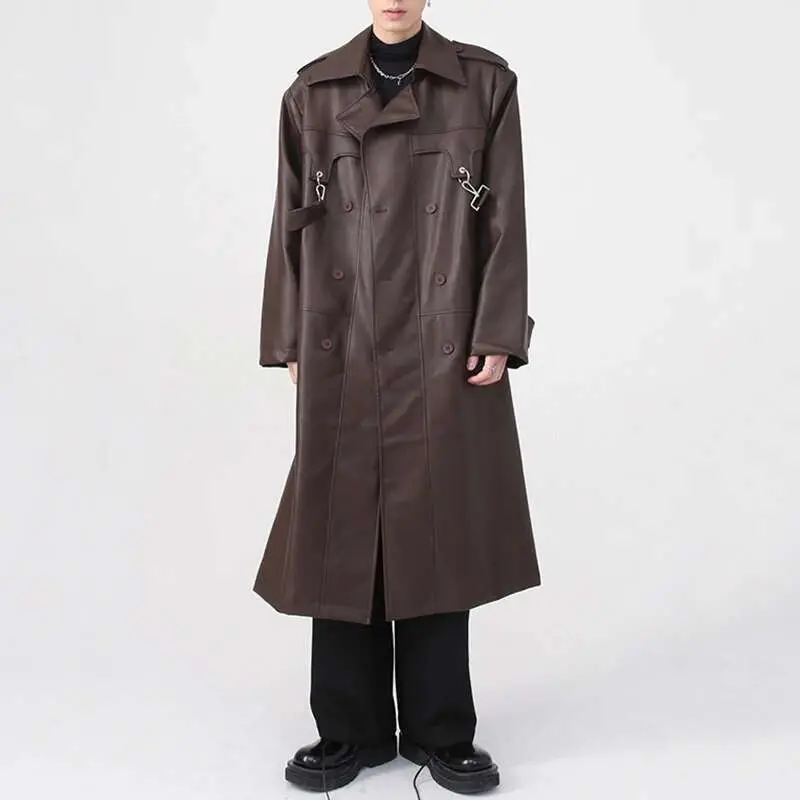 IEFB Niche Design Men's Windbreaker PU Leather Metal Zippers Shoulder Pad Solid Color Male Trench New Fashion Autumn 2024 9A6183