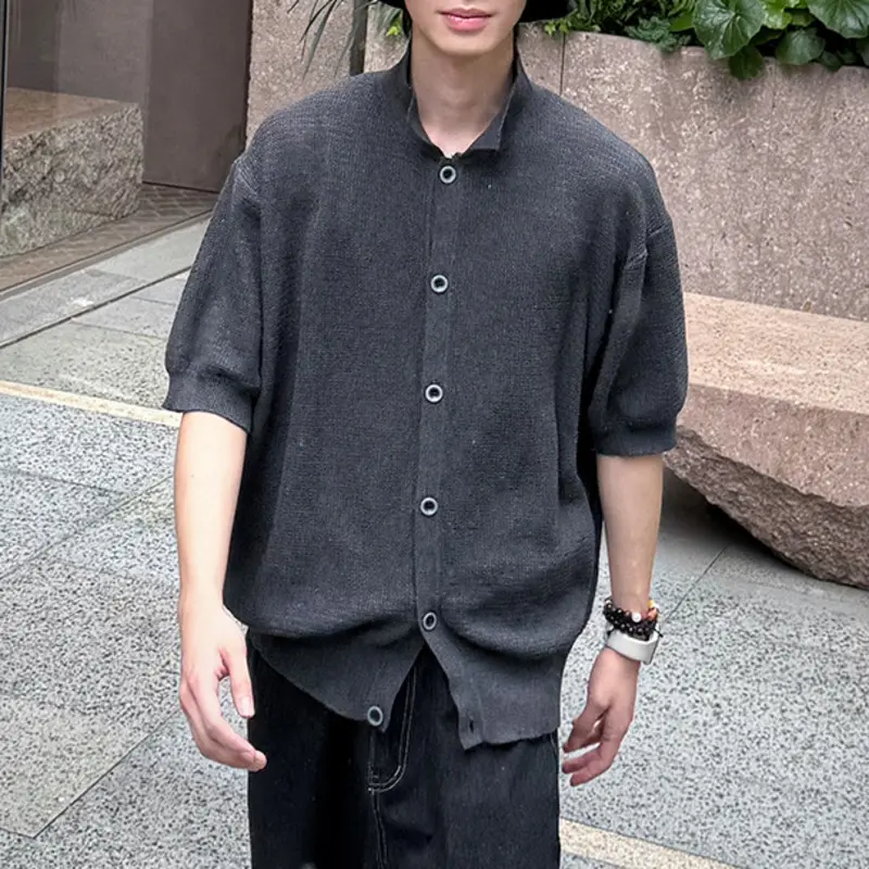 IEFB New Summer Men's Sweater Turn-down Collar Solid Color Short Sleeved Tops Single Breasted Knitted Loose Male Cardigan 9W3920