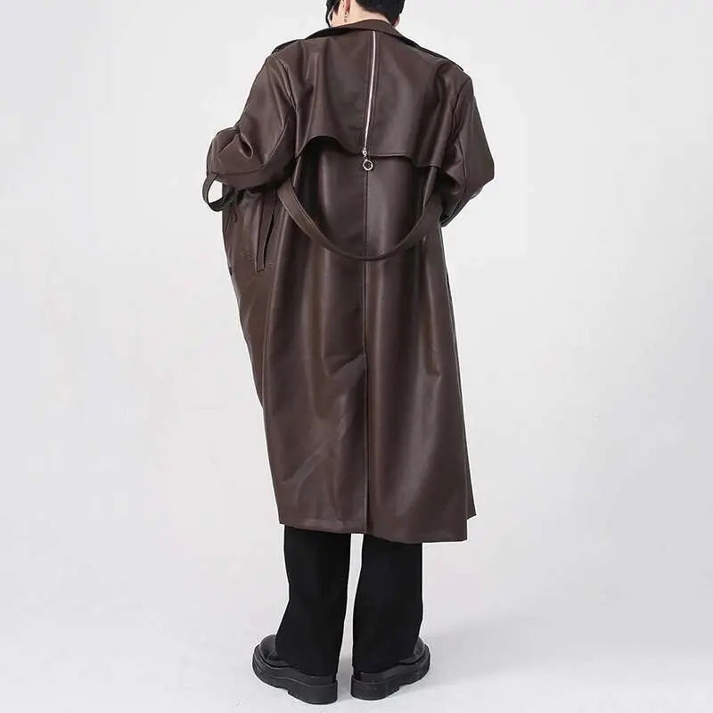 IEFB Niche Design Men's Windbreaker PU Leather Metal Zippers Shoulder Pad Solid Color Male Trench New Fashion Autumn 2024 9A6183