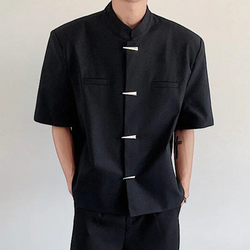 IEFB New Chinese Style Short Sleeved Jackets Stand Collar Solid Color Casual Tops Shoulder Pad Single Breasted Male Coats 9W2229