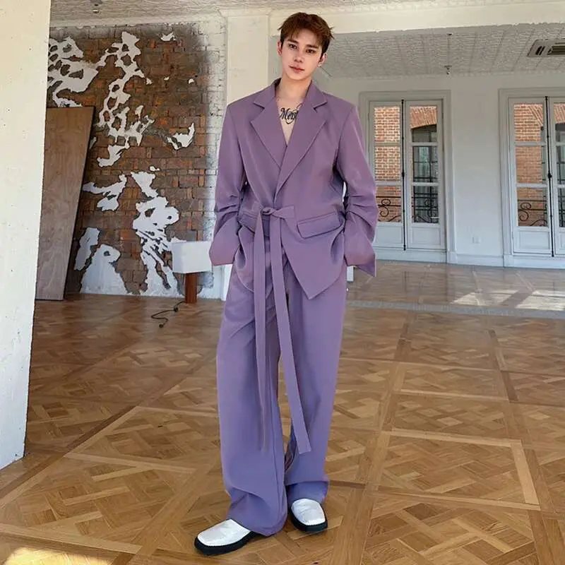 IEFB Korean Style Suit Sets Sleeve Design Lace Up Lapel Solid Color Loose Blazer Wide Leg Straight Male Pants Personalized 9W799