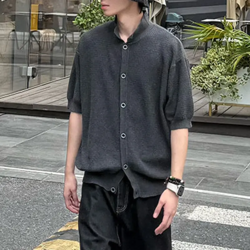 IEFB New Summer Men's Sweater Turn-down Collar Solid Color Short Sleeved Tops Single Breasted Knitted Loose Male Cardigan 9W3920