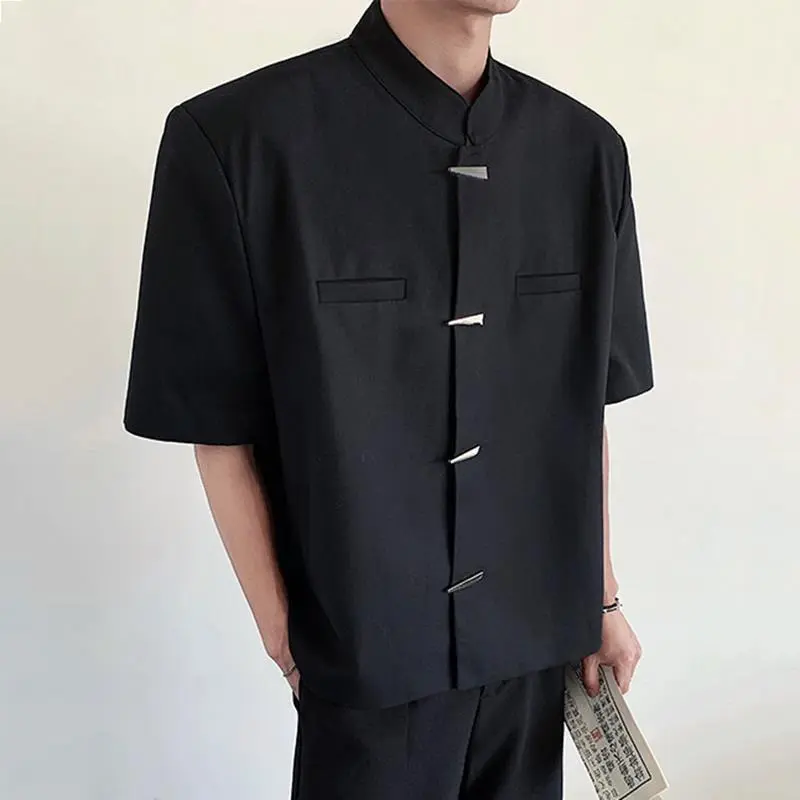 IEFB New Chinese Style Short Sleeved Jackets Stand Collar Solid Color Casual Tops Shoulder Pad Single Breasted Male Coats 9W2229