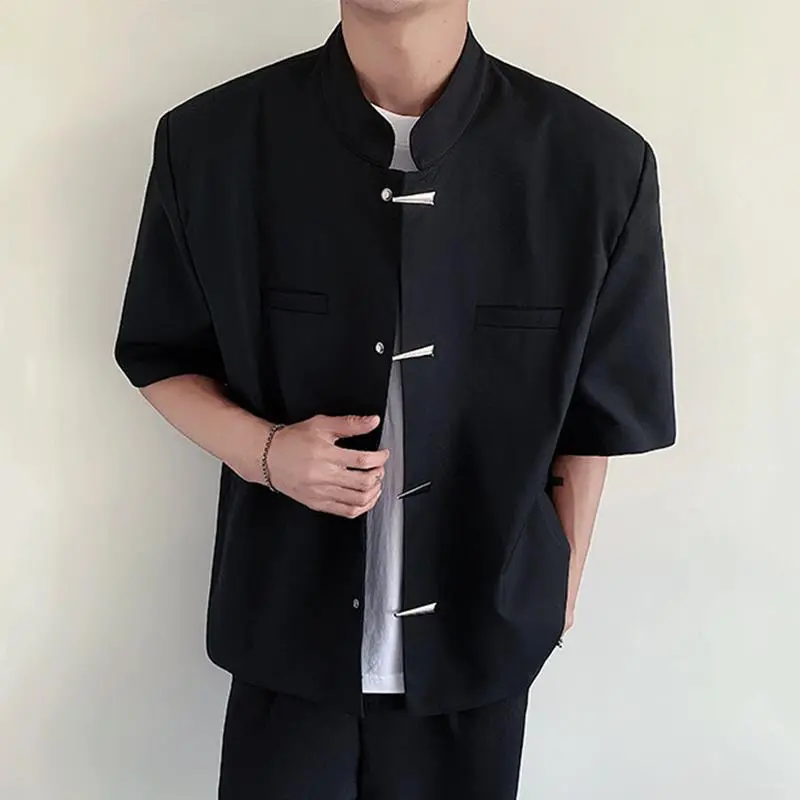 IEFB New Chinese Style Short Sleeved Jackets Stand Collar Solid Color Casual Tops Shoulder Pad Single Breasted Male Coats 9W2229