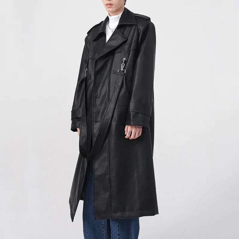 IEFB Niche Design Men's Windbreaker PU Leather Metal Zippers Shoulder Pad Solid Color Male Trench New Fashion Autumn 2024 9A6183