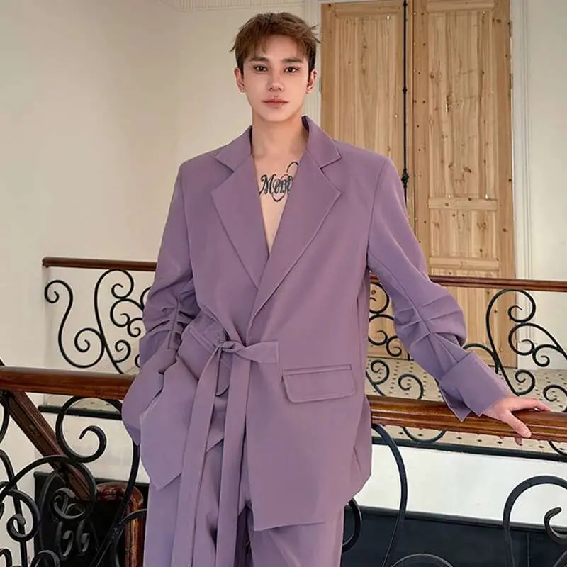 IEFB Korean Style Suit Sets Sleeve Design Lace Up Lapel Solid Color Loose Blazer Wide Leg Straight Male Pants Personalized 9W799