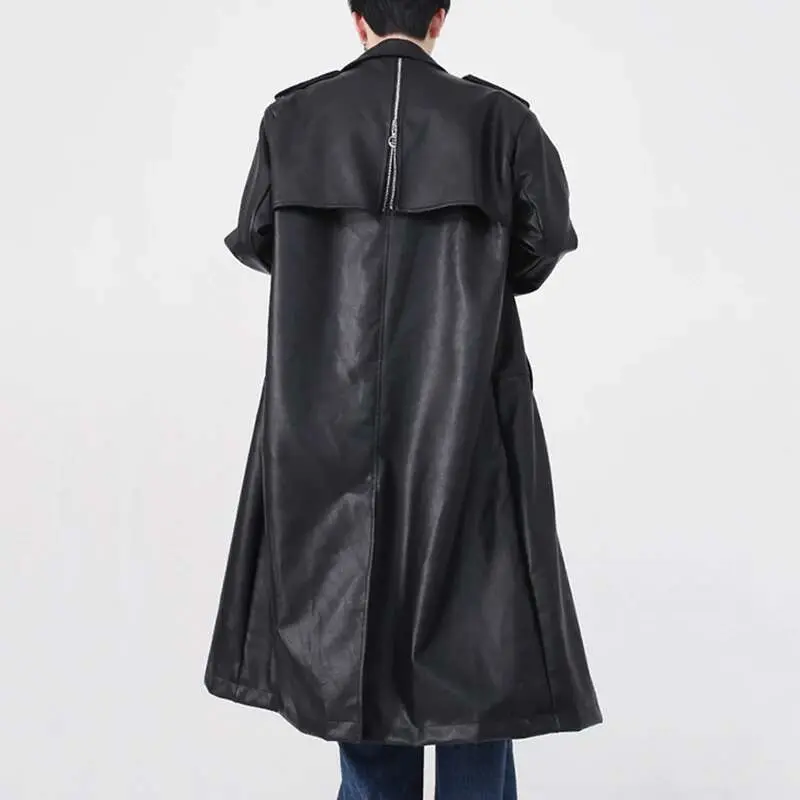 IEFB Niche Design Men's Windbreaker PU Leather Metal Zippers Shoulder Pad Solid Color Male Trench New Fashion Autumn 2024 9A6183