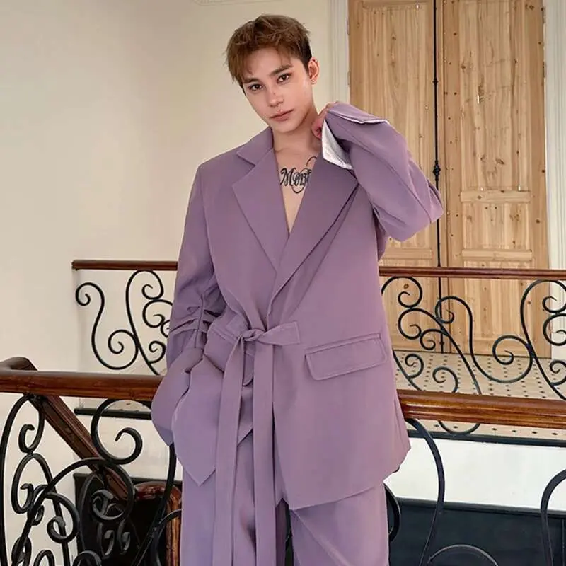 IEFB Korean Style Suit Sets Sleeve Design Lace Up Lapel Solid Color Loose Blazer Wide Leg Straight Male Pants Personalized 9W799