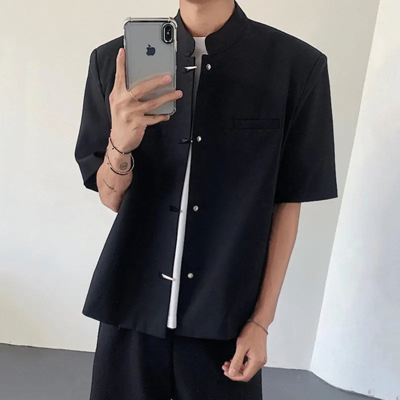 IEFB New Chinese Style Short Sleeved Jackets Stand Collar Solid Color Casual Tops Shoulder Pad Single Breasted Male Coats 9W2229