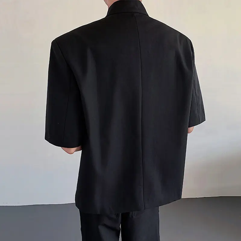 IEFB New Chinese Style Short Sleeved Jackets Stand Collar Solid Color Casual Tops Shoulder Pad Single Breasted Male Coats 9W2229