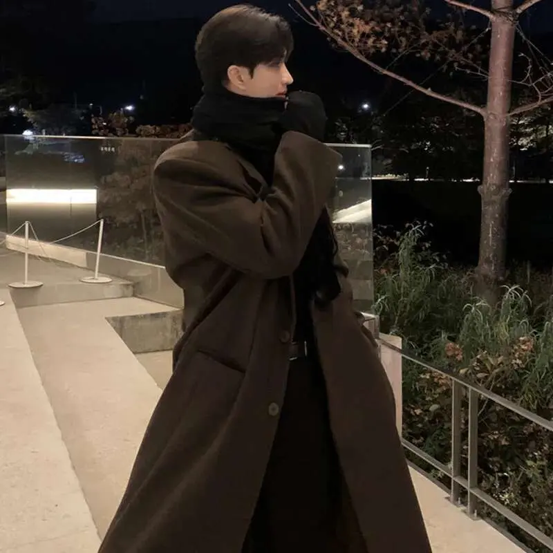 IEFB Korean Stylish Men's Woolen Trench Lapel Shoulder Padded Knee Length Solid Color Male Windbreaker Casual Spring New 9C4832