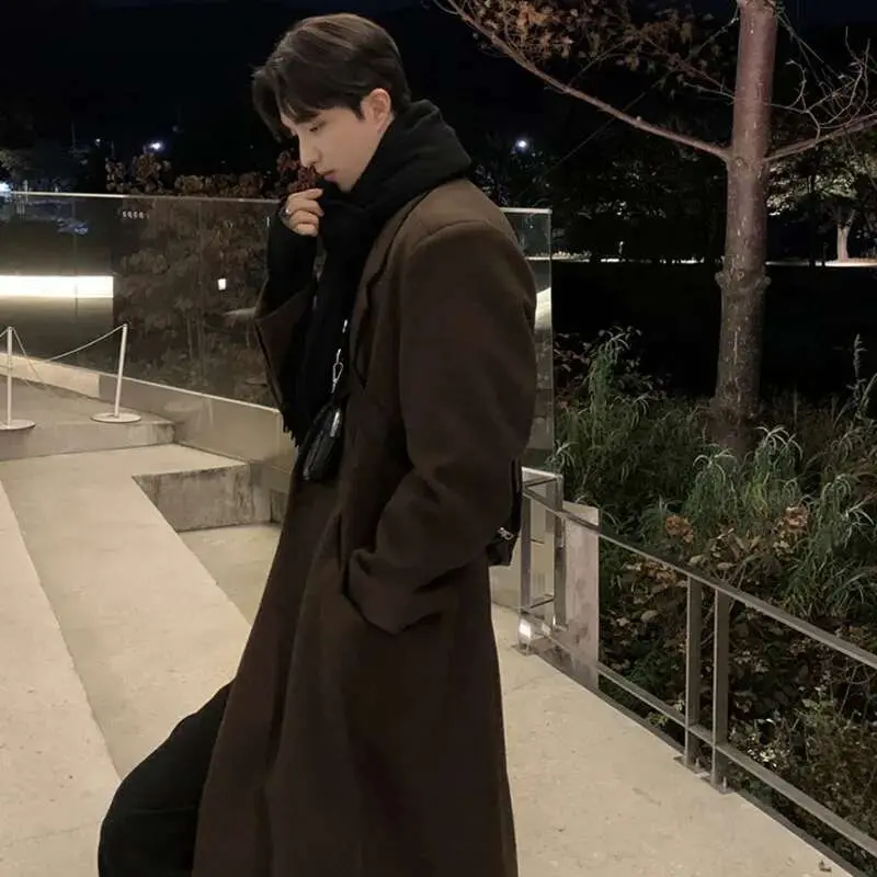 IEFB Korean Stylish Men's Woolen Trench Lapel Shoulder Padded Knee Length Solid Color Male Windbreaker Casual Spring New 9C4832