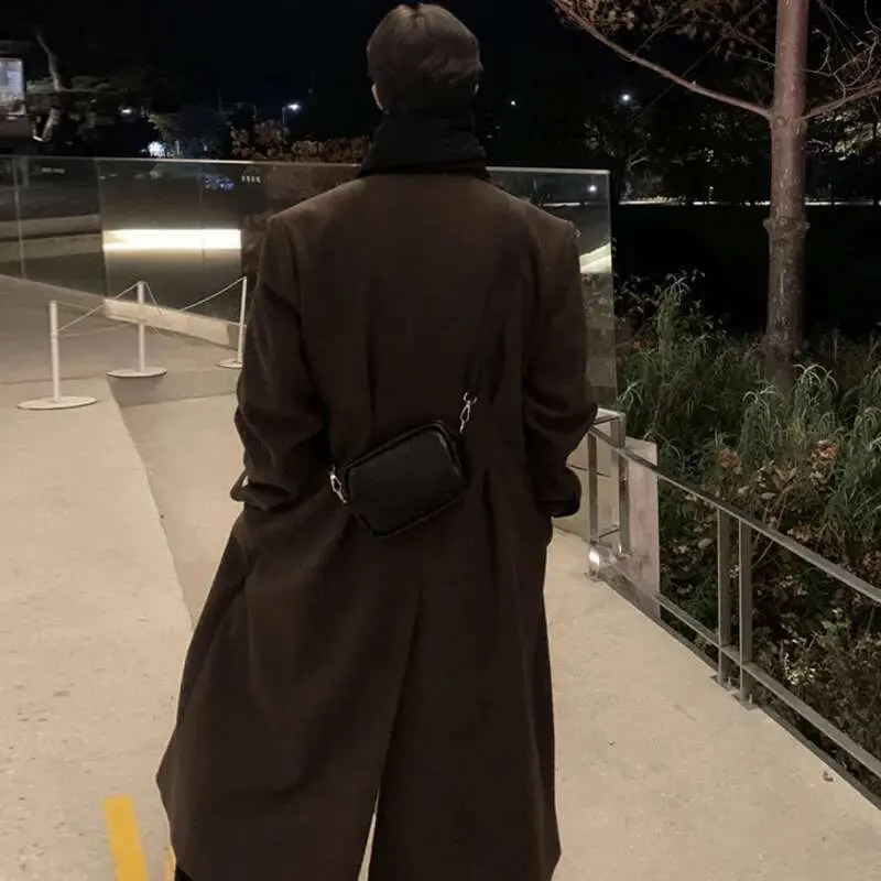 IEFB Korean Stylish Men's Woolen Trench Lapel Shoulder Padded Knee Length Solid Color Male Windbreaker Casual Spring New 9C4832