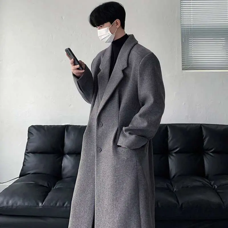 IEFB Korean Stylish Men's Woolen Trench Lapel Shoulder Padded Knee Length Solid Color Male Windbreaker Casual Spring New 9C4832