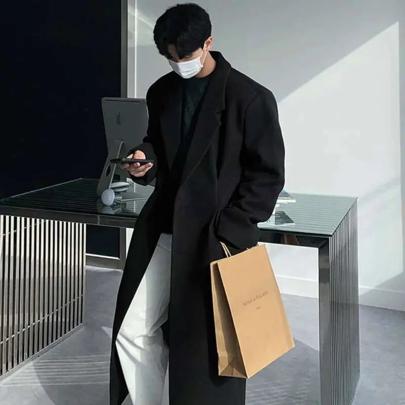 IEFB Korean Stylish Men's Woolen Trench Lapel Shoulder Padded Knee Length Solid Color Male Windbreaker Casual Spring New 9C4832