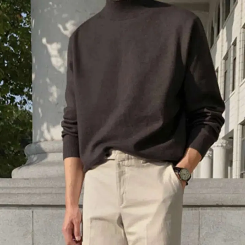 IEFB Kinttwear Korean Men's Pullovers Loose Knitting Tops New Chic Long Sleeve Mock Neck Black Spring Bottom Clothing 9D1680