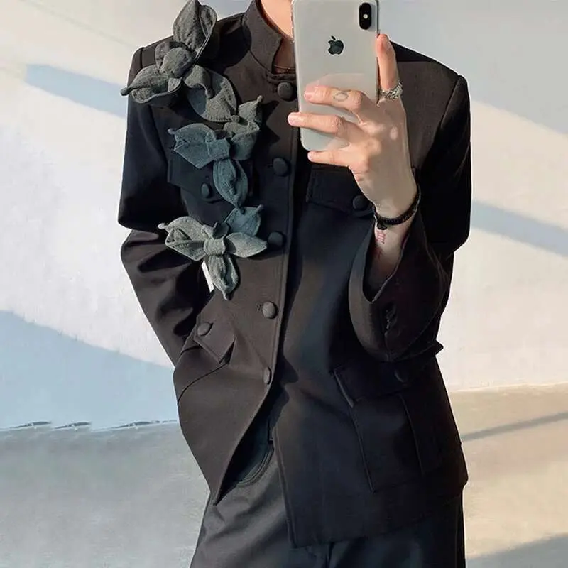 IEFB New Chinese Style Orchid Men's Blazer Stand Up Collar Niche Design Male Suit Jacket Patchwork New Trendy Spring 2025 9W965