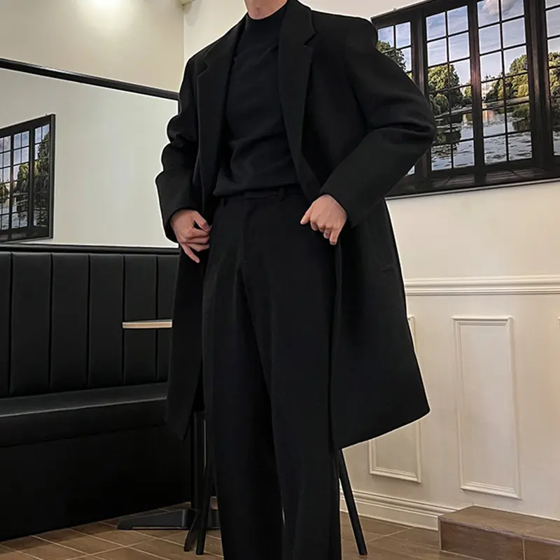 IEFB New Korean Style Men's Woolen Coats Lapel Design Solid Color Trendy Casual Single Breasted Male Loose Spring Tops 9W1849
