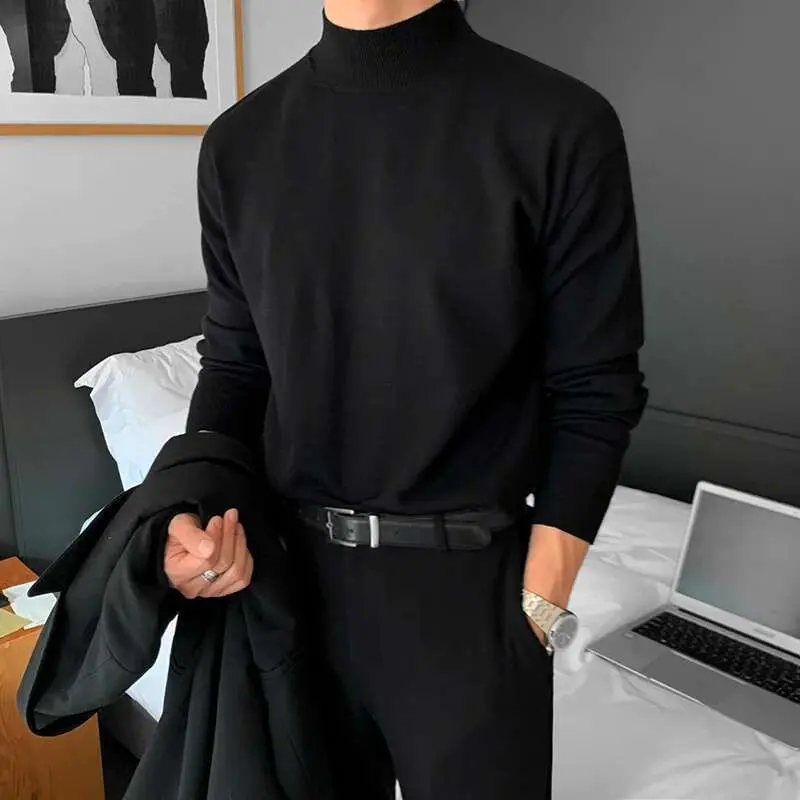 IEFB Kinttwear Korean Men's Pullovers Loose Knitting Tops New Chic Long Sleeve Mock Neck Black Spring Bottom Clothing 9D1680