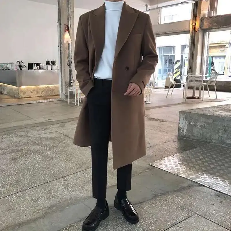 IEFB Korean New Chic Men's Woolen Coat Solid Color Male Overcoat Double Breasted Men Clothing Winter Spring Lapel Trench 9D1681