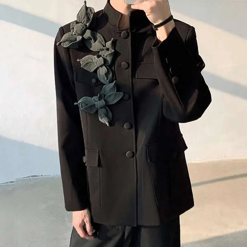 IEFB New Chinese Style Orchid Men's Blazer Stand Up Collar Niche Design Male Suit Jacket Patchwork New Trendy Spring 2025 9W965