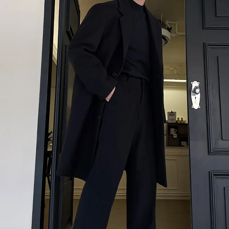 IEFB New Korean Style Men's Woolen Coats Lapel Design Solid Color Trendy Casual Single Breasted Male Loose Spring Tops 9W1849