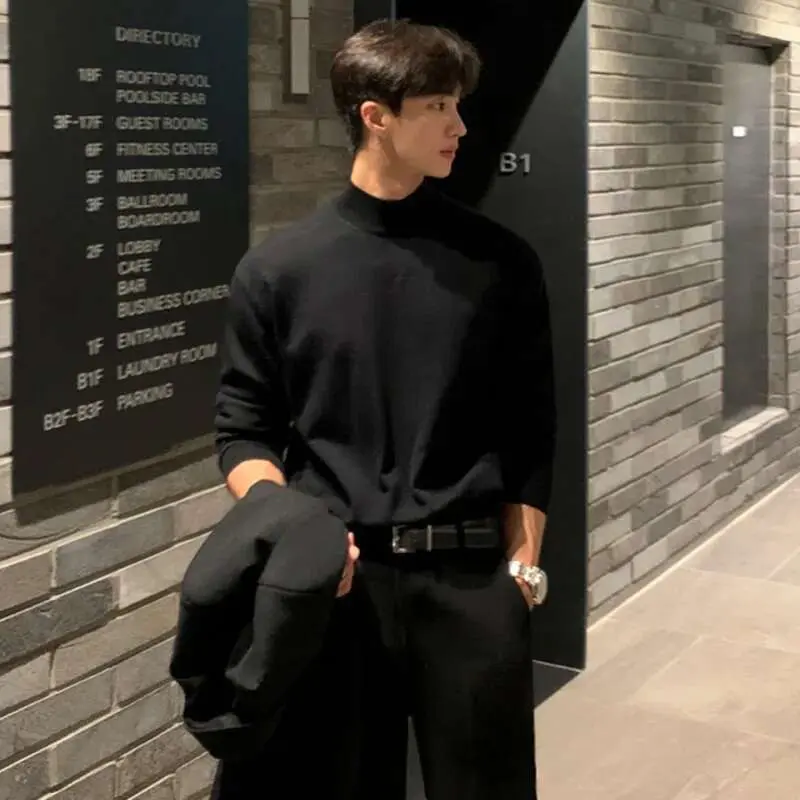 IEFB Kinttwear Korean Men's Pullovers Loose Knitting Tops New Chic Long Sleeve Mock Neck Black Spring Bottom Clothing 9D1680