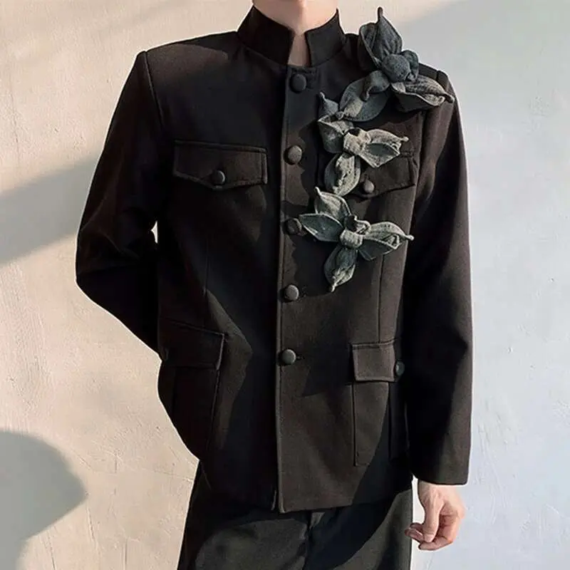 IEFB New Chinese Style Orchid Men's Blazer Stand Up Collar Niche Design Male Suit Jacket Patchwork New Trendy Spring 2025 9W965