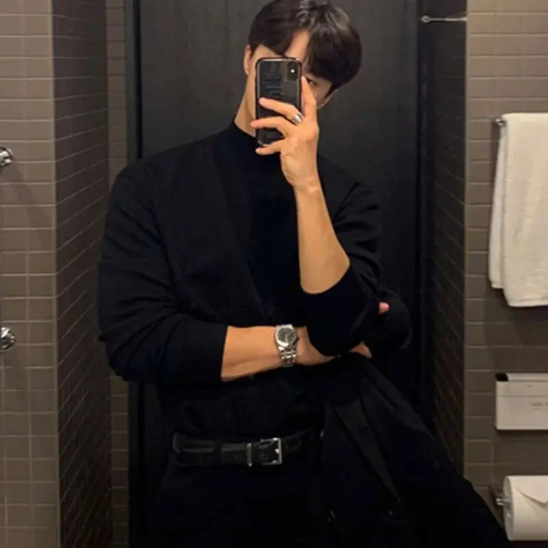 IEFB Kinttwear Korean Men's Pullovers Loose Knitting Tops New Chic Long Sleeve Mock Neck Black Spring Bottom Clothing 9D1680