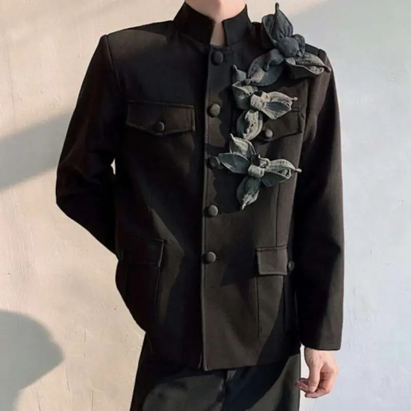 IEFB New Chinese Style Orchid Men's Blazer Stand Up Collar Niche Design Male Suit Jacket Patchwork New Trendy Spring 2025 9W965