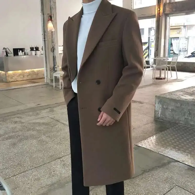 IEFB Korean New Chic Men's Woolen Coat Solid Color Male Overcoat Double Breasted Men Clothing Winter Spring Lapel Trench 9D1681