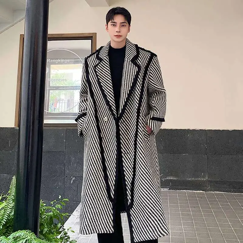 IEFB Winter Men's Woolen Long Coat Thickened Weave Twill Lapel Wool OverCoat Korean Style Windbreaker Trend Autumn New 9C3302