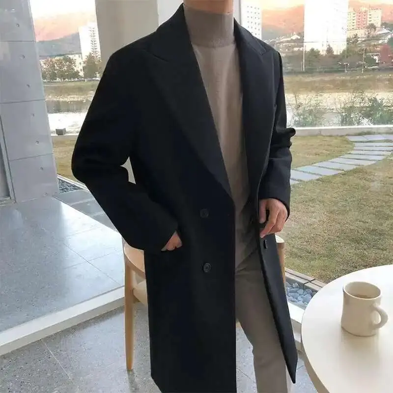 IEFB Korean New Chic Men's Woolen Coat Solid Color Male Overcoat Double Breasted Men Clothing Winter Spring Lapel Trench 9D1681