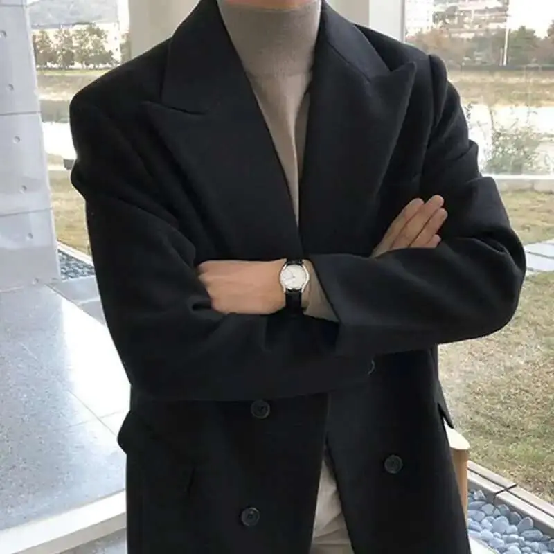 IEFB Korean New Chic Men's Woolen Coat Solid Color Male Overcoat Double Breasted Men Clothing Winter Spring Lapel Trench 9D1681