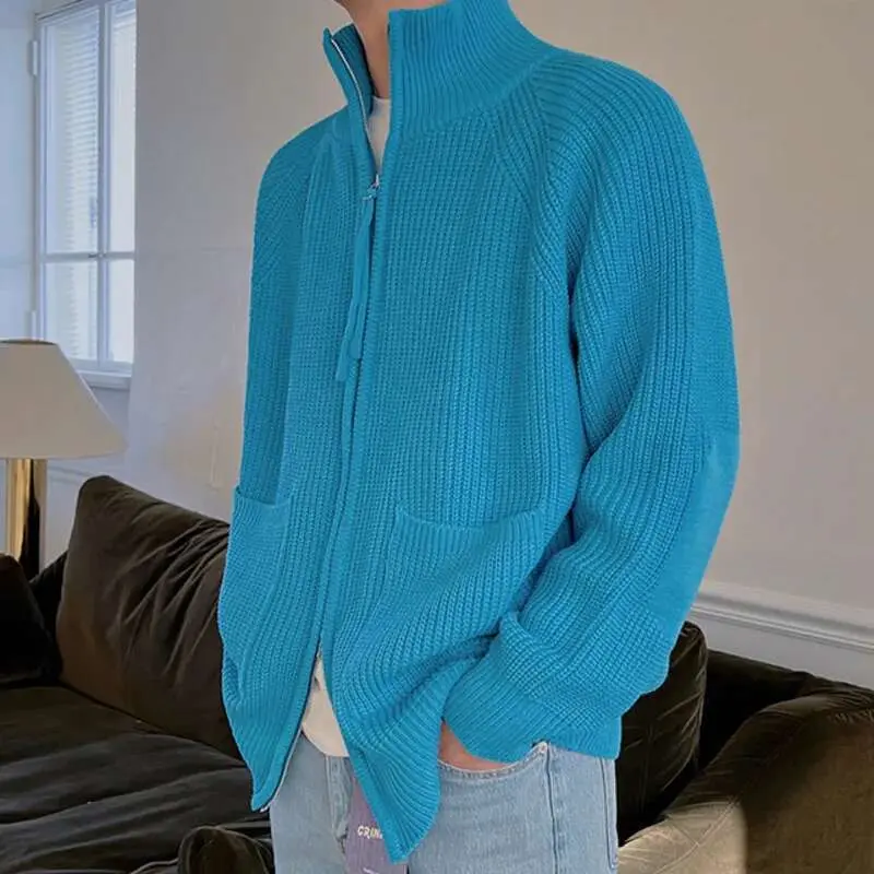 IEFB New Stylish Men's Sweaters Korean Style Casual Solid Color Turtleneck Pockets Zipper Loose Cardigan 2025 Simple Tops 9A6036