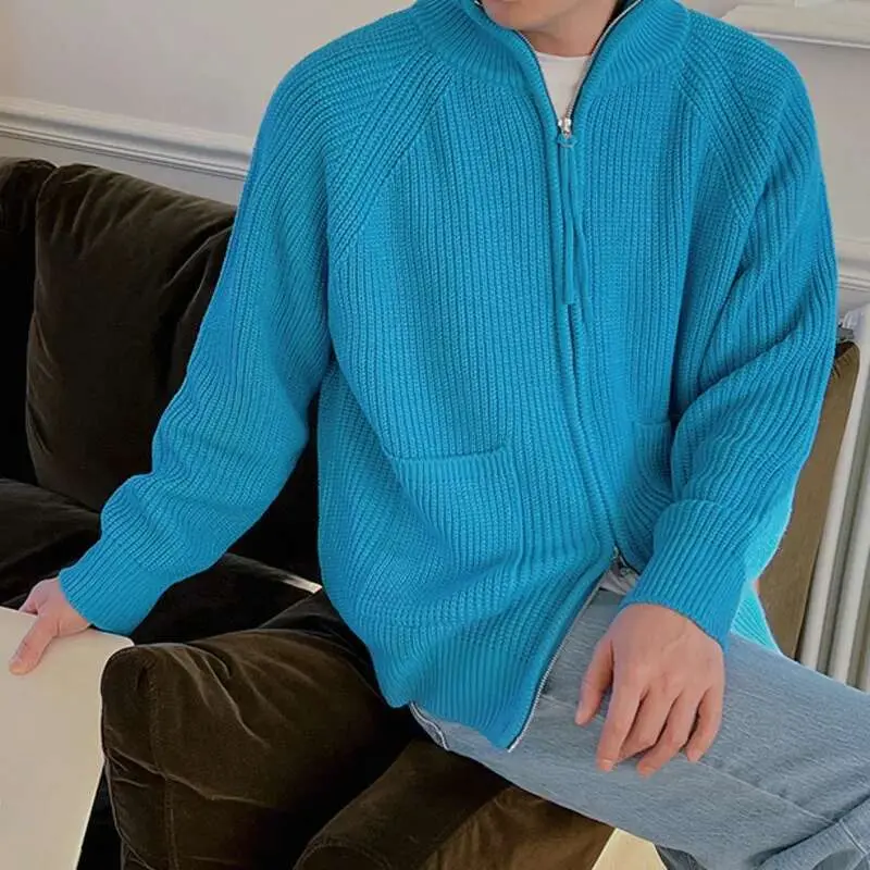 IEFB New Stylish Men's Sweaters Korean Style Casual Solid Color Turtleneck Pockets Zipper Loose Cardigan 2025 Simple Tops 9A6036