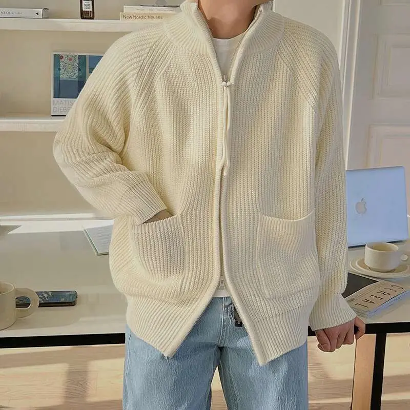 IEFB New Stylish Men's Sweaters Korean Style Casual Solid Color Turtleneck Pockets Zipper Loose Cardigan 2025 Simple Tops 9A6036