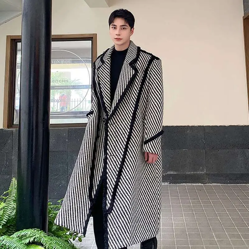 IEFB Winter Men's Woolen Long Coat Thickened Weave Twill Lapel Wool OverCoat Korean Style Windbreaker Trend Autumn New 9C3302