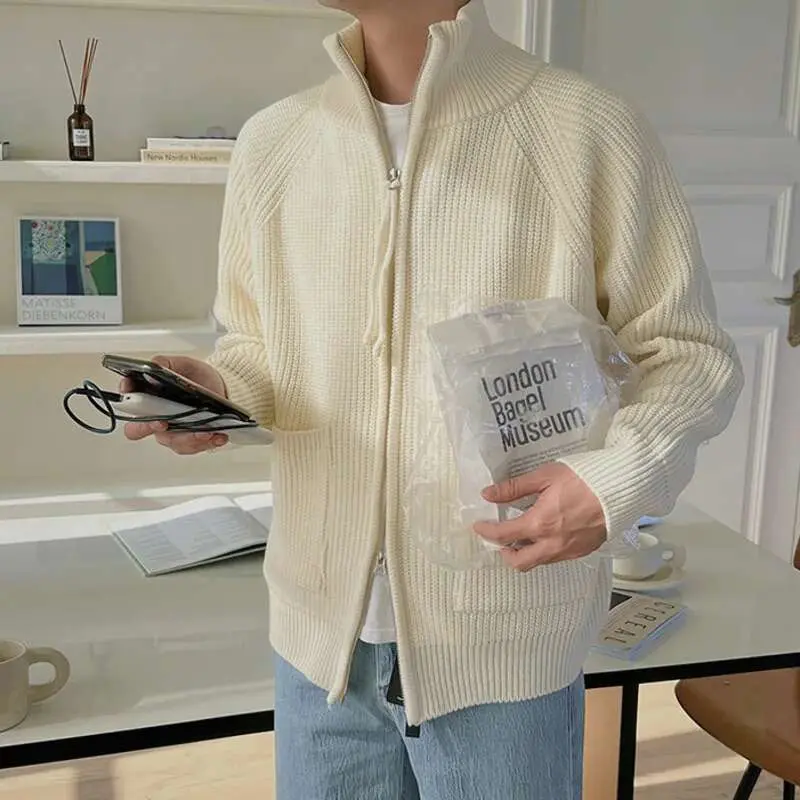 IEFB New Stylish Men's Sweaters Korean Style Casual Solid Color Turtleneck Pockets Zipper Loose Cardigan 2025 Simple Tops 9A6036