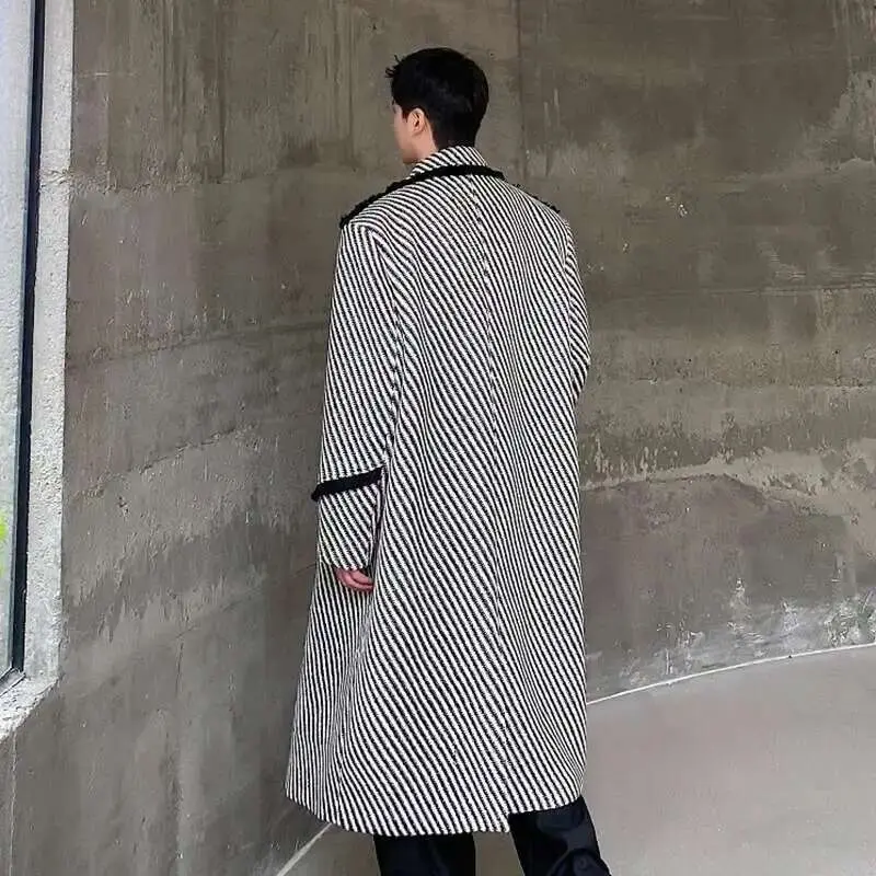 IEFB Winter Men's Woolen Long Coat Thickened Weave Twill Lapel Wool OverCoat Korean Style Windbreaker Trend Autumn New 9C3302