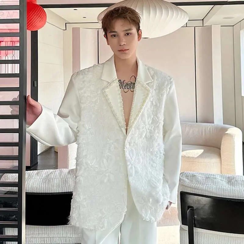 IEFB Three-dimensional Jacquard Men's Blazers Handmade Pearl Collar Single Button Solid Color Casual Male Suit Jackets New 9W754