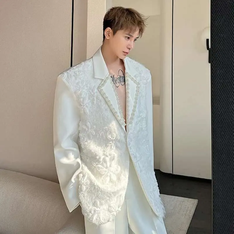 IEFB Three-dimensional Jacquard Men's Blazers Handmade Pearl Collar Single Button Solid Color Casual Male Suit Jackets New 9W754
