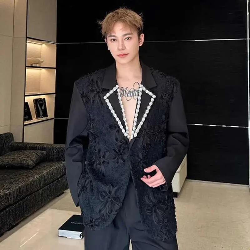 IEFB Three-dimensional Jacquard Men's Blazers Handmade Pearl Collar Single Button Solid Color Casual Male Suit Jackets New 9W754