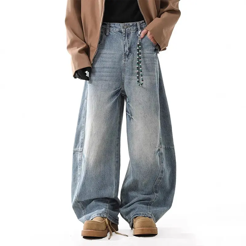 IEFB American Style Men's Jeans Washing Patchwork Deconstruction Solid Color Bottom Wide Leg Straight Male Denim Pants 9W4321