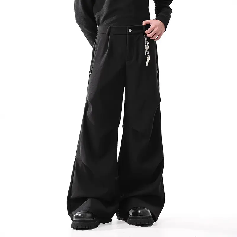 IEFB Dark Style Men's Suit Pants Solid Color Pleated Casual Cleanfit Wide Leg American Drape Straight Male Bottom Autumn 9W4322
