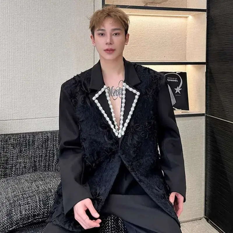 IEFB Three-dimensional Jacquard Men's Blazers Handmade Pearl Collar Single Button Solid Color Casual Male Suit Jackets New 9W754